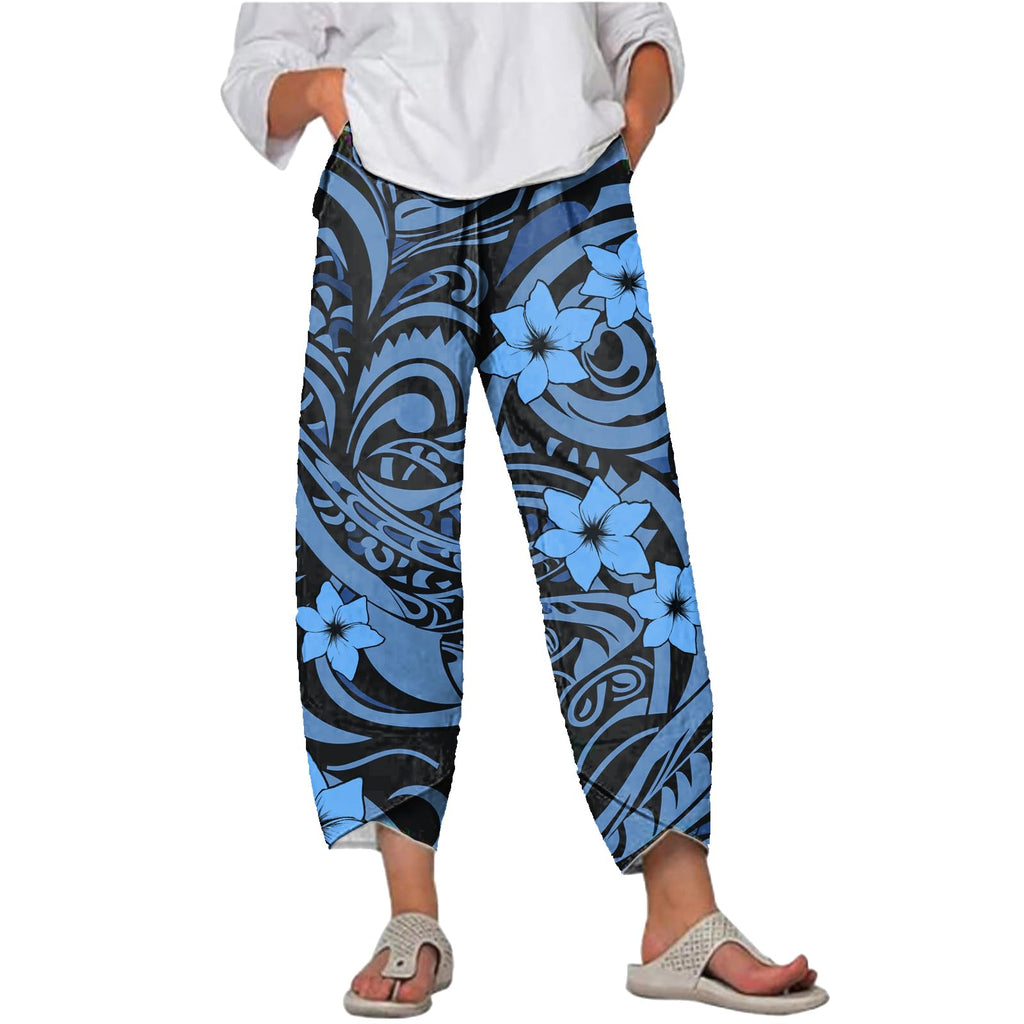 Capri Pants for Women Ethnic Print Wide Leg Plus Size Casual Summer Beach Elastic Waist Trousers 2025 Fashion Trendy Cargo Party Outdoor Tummy Control Work Pants with Pockets,S Blue