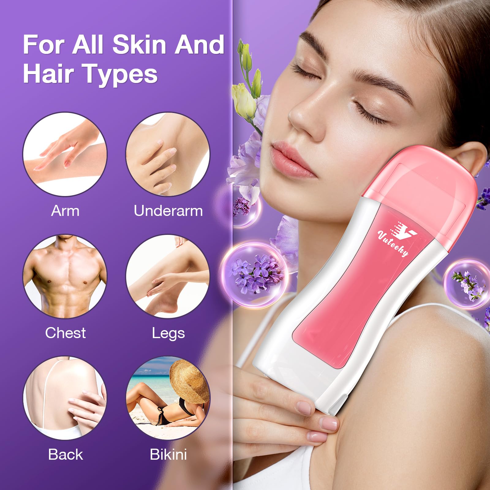 Roll on Wax Kit, Waxing Roller Kit for hair removal, with 2 Wax Cartridges & 50 Pcs Waxing Strips & 1 Post Oil-4