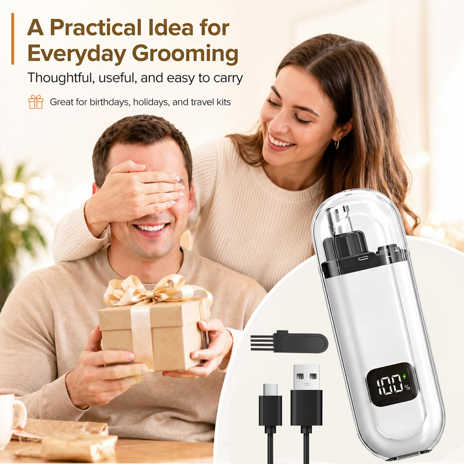 NumberGlow USB Nose and Ear Hair Trimmer for Men and Women Electric Nose Clipper with LED Power Display, Water-Resistant Dual-Edge Blades, High-Speed Motor, Gentle Grooming for Travel, White