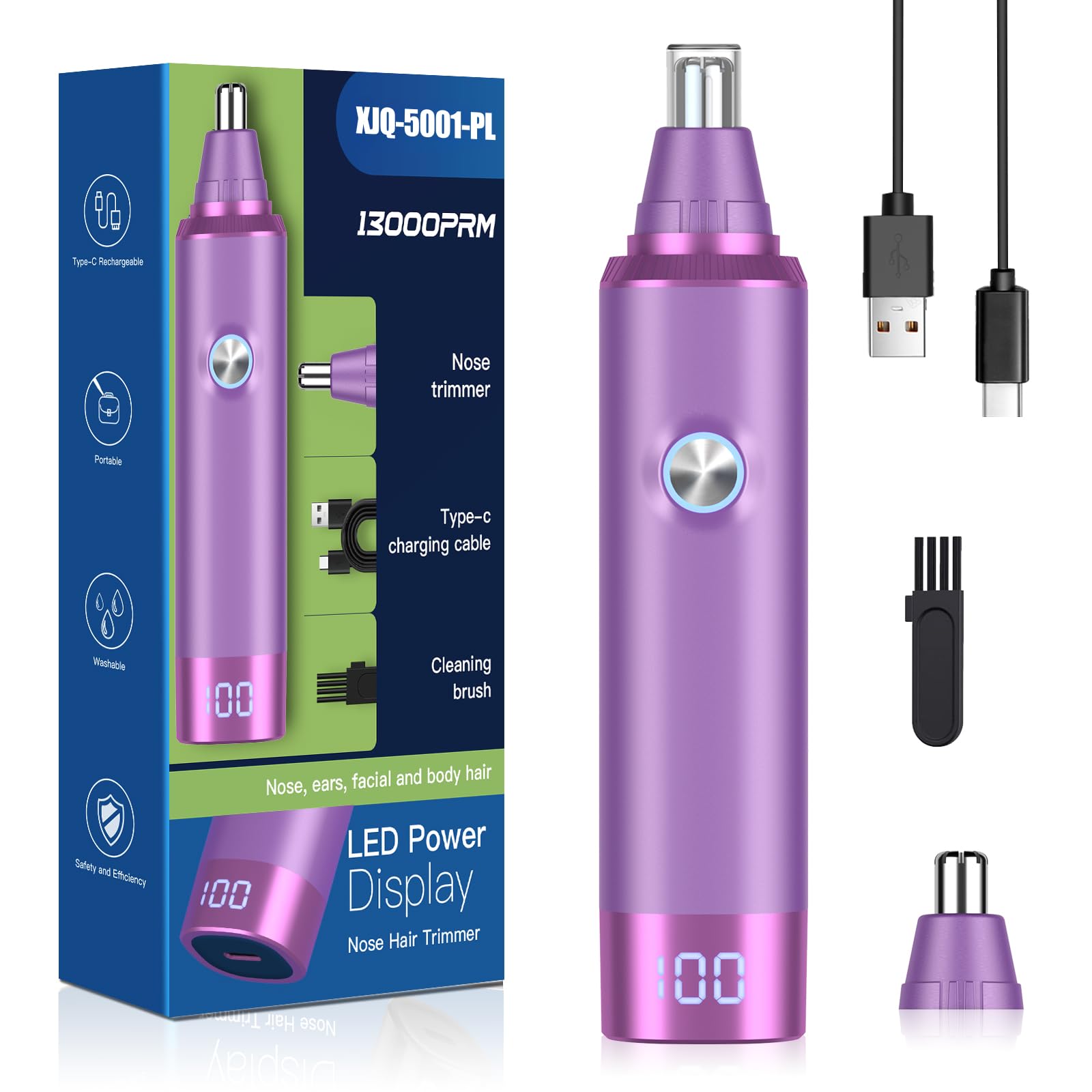 Ear and Nose Hair Trimmer for Men and Women, Painless USB Rechargeable Electric Facial & Eyebrow Hair Remover with LED Display, Dual-Edge Blades for Smooth,13000 RPM Motor IPX7 Waterproof (Purple)