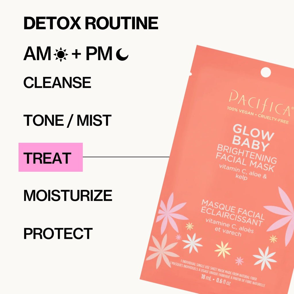 Pacifica Sheet Face Mask - 6 Pack - Glow Baby Brightening Facial Mask w/Vitamin C, Aloe & Kelp – Cooling Mask for Dark Spots & Fine Lines - Clean Beauty Vegan & Cruelty-Free Dermatologist Tested