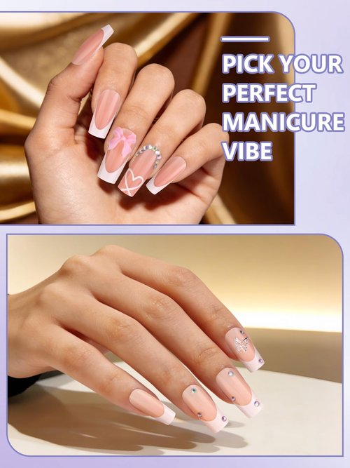 EBANKU 120 Pieces Press on Nails Medium, Bow False Nails French Tips Fake Nails Full Cover Stick on Nails, Love Heart Press on Nail with Nail Glue for Women Nail Art Salon, 12 Sizes