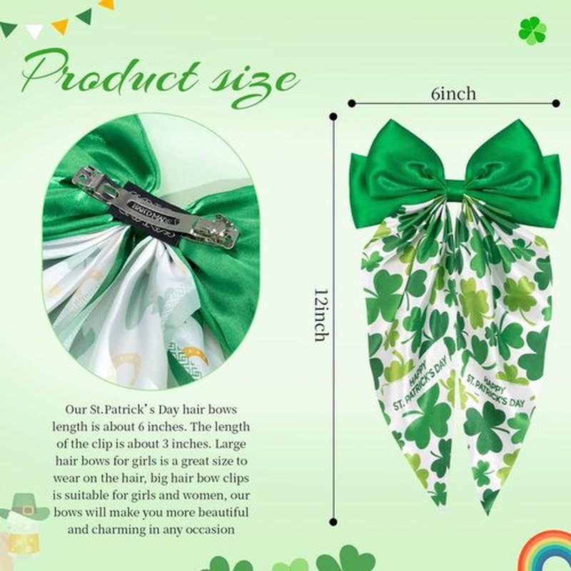 OAOLEER 2PCS St. Patrick's Day Hair Bows for Women 8 Inch Green Satin Layered Hair Clips with Long Tail French Style Hair Accessories for Girls
