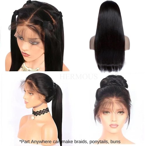 HERMOUS Full Lace Human Hair Wigs HD Transparent Lace Pre Plucked with Baby Hair Handmade Whole Lace Frontal Wig 12A Brazilian Virgin 180% Density Straight Natural Black Color 8 Inch
