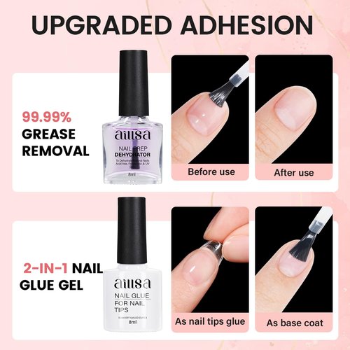 AILLSA Nail Extension Kit Short Almond Nail Tips 240pcs with 2 In 1 Nail Glue Base Coat and Nail Dehydrator, Gel Nail Tips Kit with Nail Lamp Top Coat for Starters Home Salon Valentine's Day