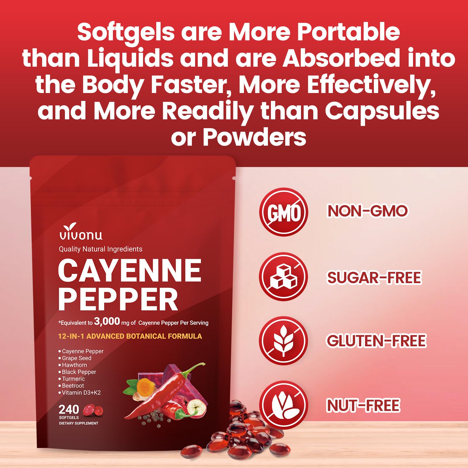 Cayenne Pepper Softgels Supplement, Supports Leg Vein, Heart and Blood Vessel Health, with Vitamin E D3+K2 and Extracts of Grape Seed, Hawthorn, Beetroot, Berberine and Others (Softgels / 1 Bag)