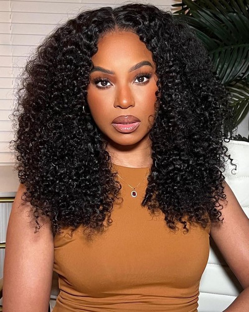 jcoolo V Part Wig Human Hair Kinky Curly Upgrade U Part Human Hair Wig With Adjustable Drawstring 200% Density V Shape Clip In Half Wig For Women Natural Color 20 Inch