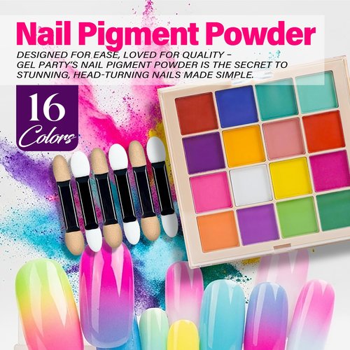 GELPARTY Solid Nail Pigment Palette (16 Colors) - Matte Gradient & Ombre Aura Art - Professional High Saturation Pure Powder (Not Eyeshadow) - One-Stroke, Non-Floating w/ 6 Applicators