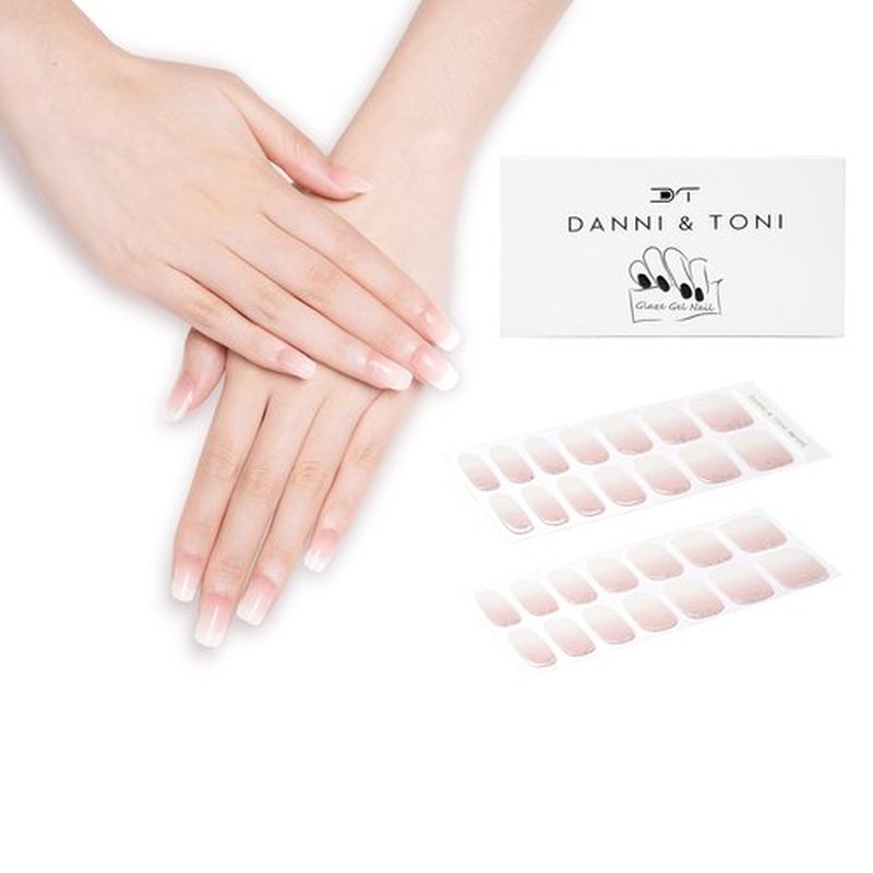 DANNI & TONI Semi Cured Gel Nail Strips French Ombre (in The Mood for Love) Pink White Gradient Nail Strips 28 Stickers Gift for Women