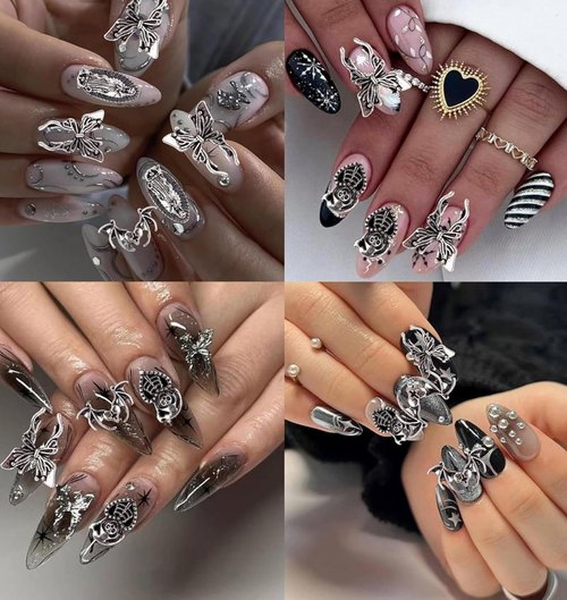 125PCS 3D Cross Bat Nail Charms, 3D Chrome Metal Sliver Nail Art Charm, Vintage Gothic Retro Punk Butterfly Hearts, Mixed for Manicure Craft DIY Nail Art Decoration Accessories A