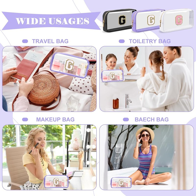 UIXIZQ Personalized Initial Letter Clear Makeup Bag - Preppy Nylon & PVC Cosmetic Zipper Bag | Travel Toiletry Organizer for Teen Girls & Women, Monogrammed Gift (G)