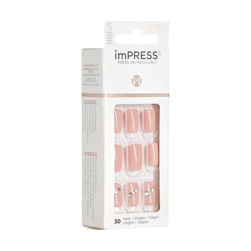 KISS Impress Press-On Manicure Fake Nails, Crystal Blossom - Short Length, Squoval Shape, Polish-Free Pink with Rhinestone Design Mani, Includes Prep Pad, Mini File, Manicure Stick, and 30 Fake Nails