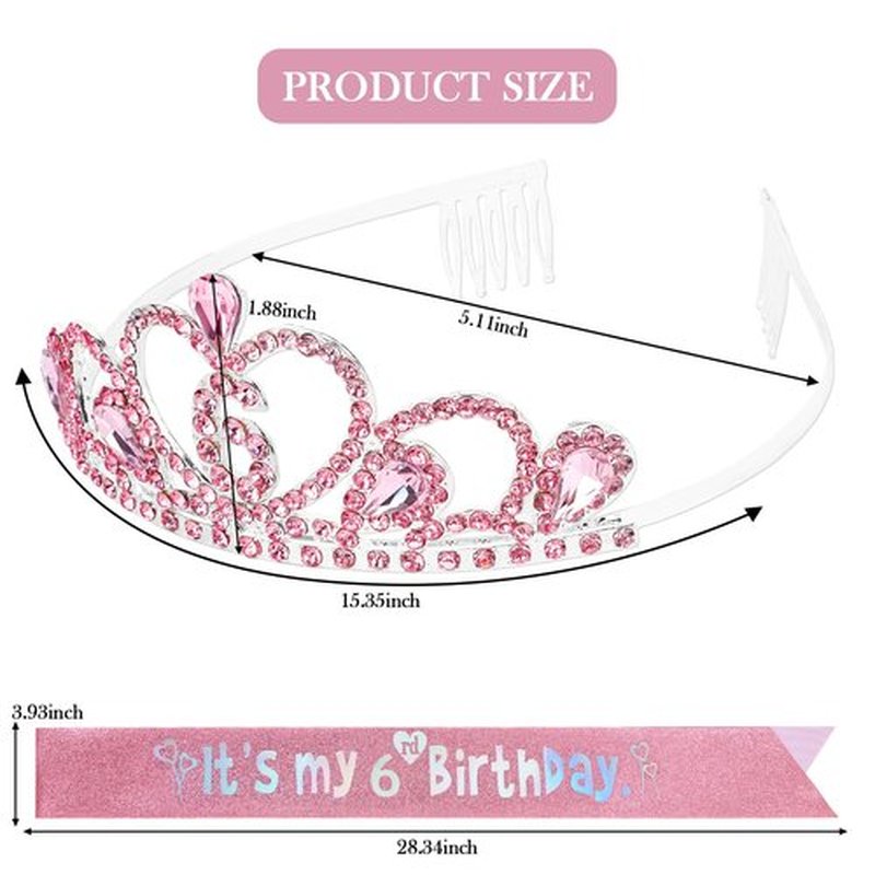 CIEHER 6th Birthday Decorations for Girls - 6th Birthday Crown and Sash with Pearl Pin Set - Pink