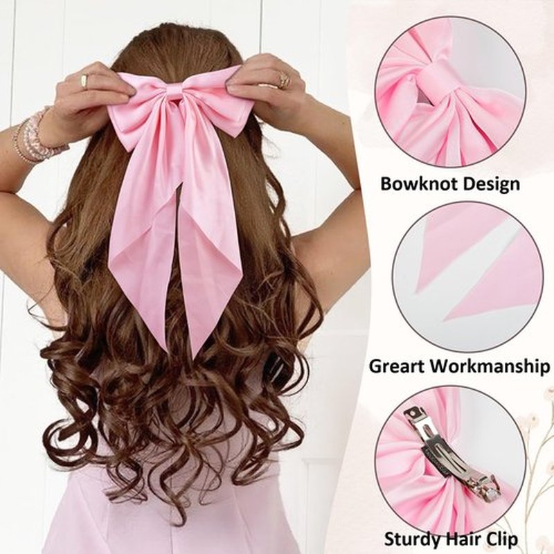 Pink Hair Bow for Women Girls, Valentine Big Satin Bow Clip with Long Tail Light Pink Hair Accessories