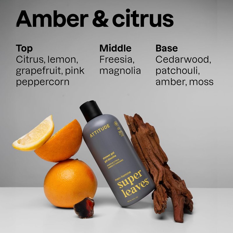 ATTITUDE Shower Gel for Men - 98% Natural Ingredients, Paraben & Phthalate Free | Amber & Citrus, 14 Fl Oz