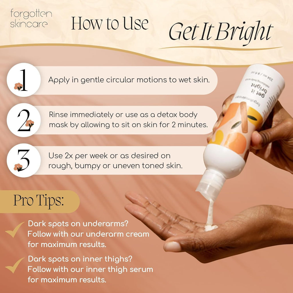 Forgotten Skincare Get It Bright Exfoliating Body Scrub with Glycolic Acid & Pumice for Dark Armpits, Bikini Area, KP Bumps, Rough Skin – Daily AHA Polish to Smooth, Soften & Prep Sensitive Areas