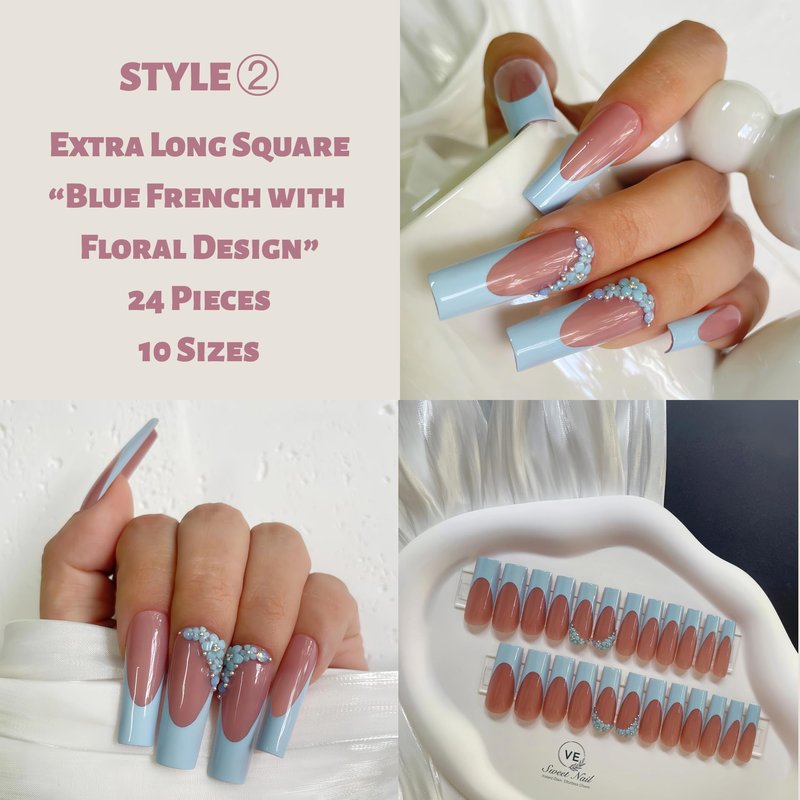 VESWEET Extra Long Square Press on Nails – 4 Boxes Fake Nail Set with 3D Designs | False Nail Tips for Women | Glue on Nail Art Kit | Gift for Her