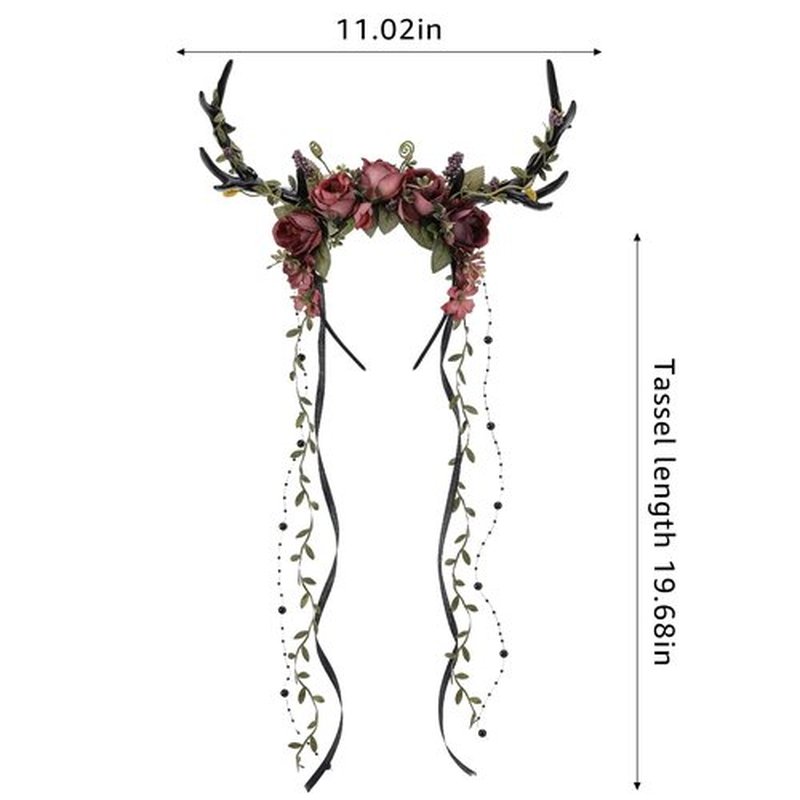 MOSTORY Dark Flower Antler Headband - Floral Black Reindeer Headpiece for Renaissance Accessories Women, Woodland Deer Hairband with Vine for Mother Nature Costume Cosplay Fairy Aesthetic