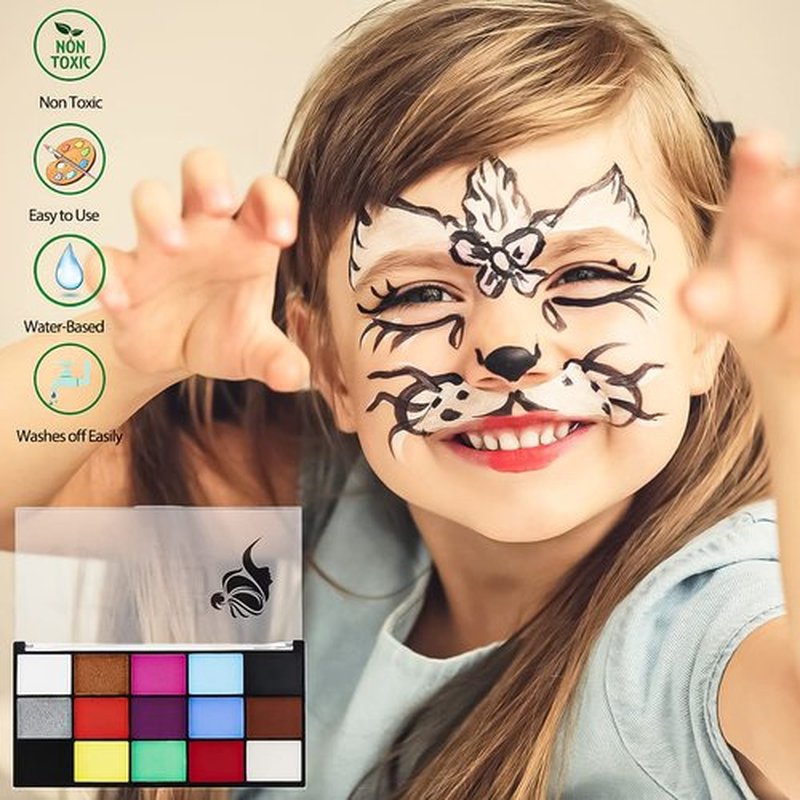 Face Painting Kit for Adults, Water Activated Body Face Paint, 15 Colors Water Based Facepaints Makeup Palette 12 Pcs Brushes, Stencils, Non Toxic for Halloween Party Birthday Cosplay