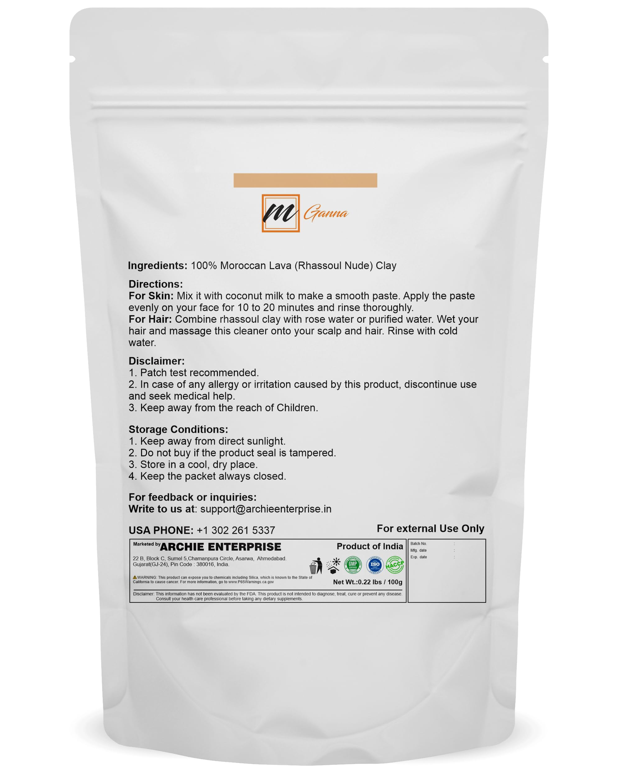 mGanna 100% Natural Moroccan Rhassoul Clay Powder/Nude/Ghassoul Lava Clay Powder for Hair Masks, Creams, Face Masks, Scrubs and Soap Making 0.22 LBS / 100 GMS