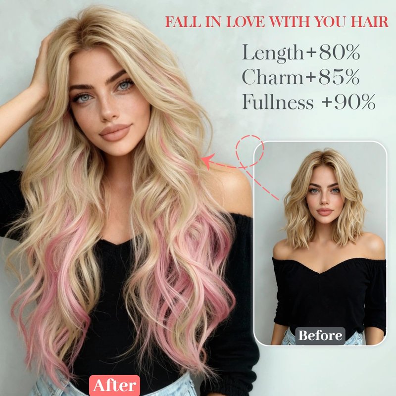 XIXISNOW Clip in Hair Extensions 25 Inch 4PCS Long Wavy Synthetic Hair Pieces for Women - Heat Safe Thick Natural Fake Hairs Extensions Double Weft Clip Ins Party Daily Use Blonde Mix Pink