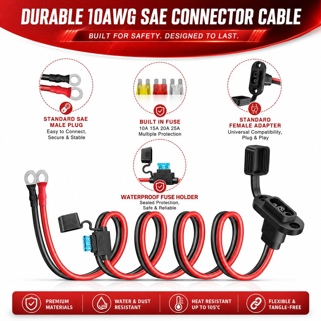 SAE to O Ring Connector 2FT 10AWG, SAE Battery Quick Connect Plug Waterproof Extension Cable for Solar Panel, Street & Road Glide Motorcycle Charging Port Upgrade, RV, Solar Generator Battery Charger