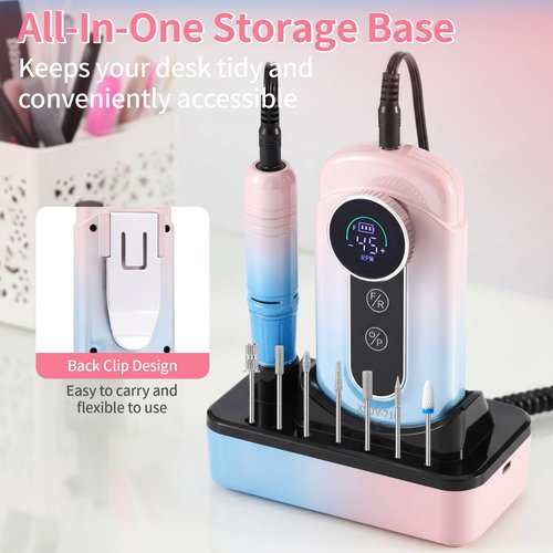 Electric Nail Drill Professional - 45000 RPM Cordless Nail Drill with Rechargeable Stand, Electric Nail File with Nail Lamp, Portable Nails Drills for Acrylic Gel Polishing Removing, Home & Salon Use