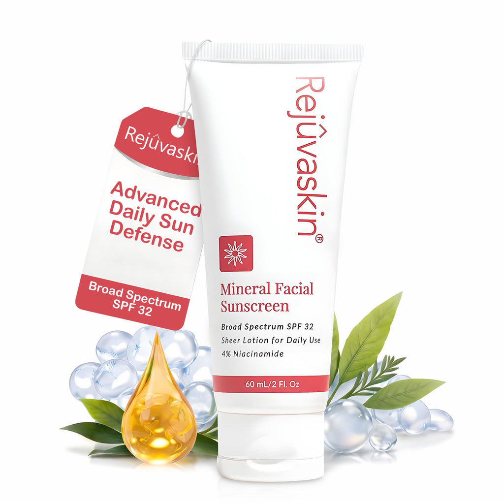 Rejuvaskin Mineral Facial Sunscreen SPF 32, Daily Mineral Sunscreen Face for Sensitive Skin, Broad Spectrum UVA/UVB Protection, Oil Free, Acne Safe Sunscreen, 3.38 fl oz.