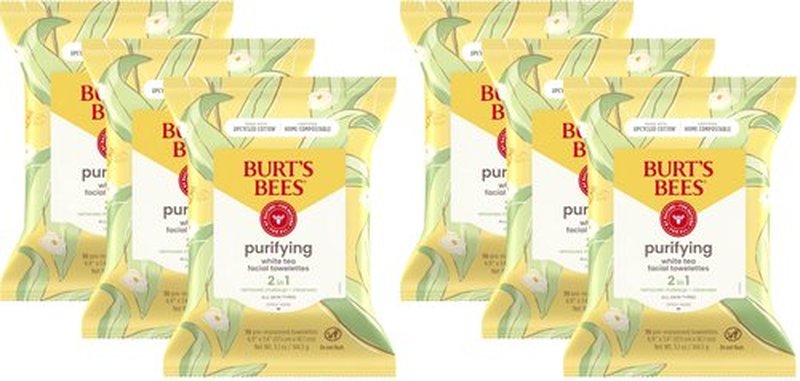 Burt's Bees White Tea Face Wipes, for All Skin Types, College Back to School Dorm Essentials, Hydrating Makeup Remover & Facial Cleansing Towelettes, 30 Ct, (Pack of 6)