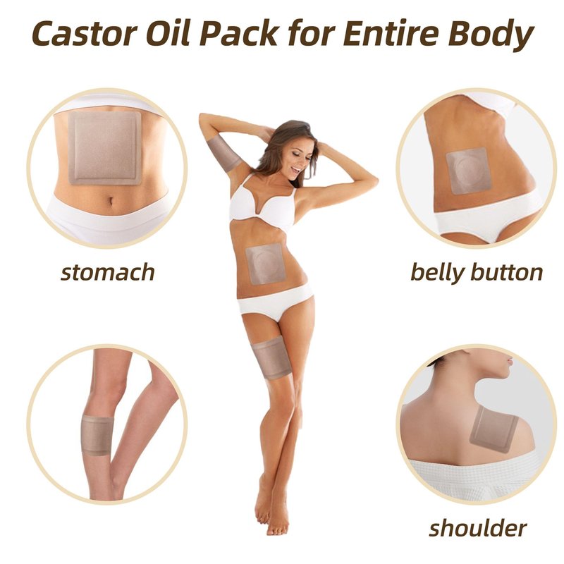 YILUXUN 50Pcs Castor Oil Pack Wrap with 16oz castor oil Organic Cold Pressed Unrefined Glass Bottle,Disposable Castor Oil Patches for Belly Button,Stomach,Knee,Feet,Entire Body