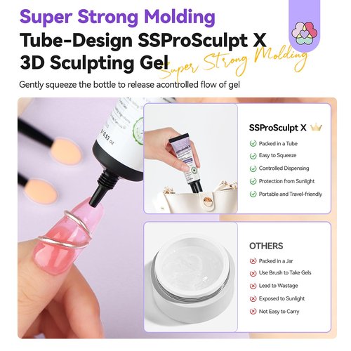 SAVILAND SSPro X 3D Nail Gel Kit: 15g No Wipe Clear 3D Sculpting Gel for Nail Art Design Molding Carving Drawing Sculpture and Decoration with Chrome Powder Silicone 3D Molds Home Salon DIY Nail Art