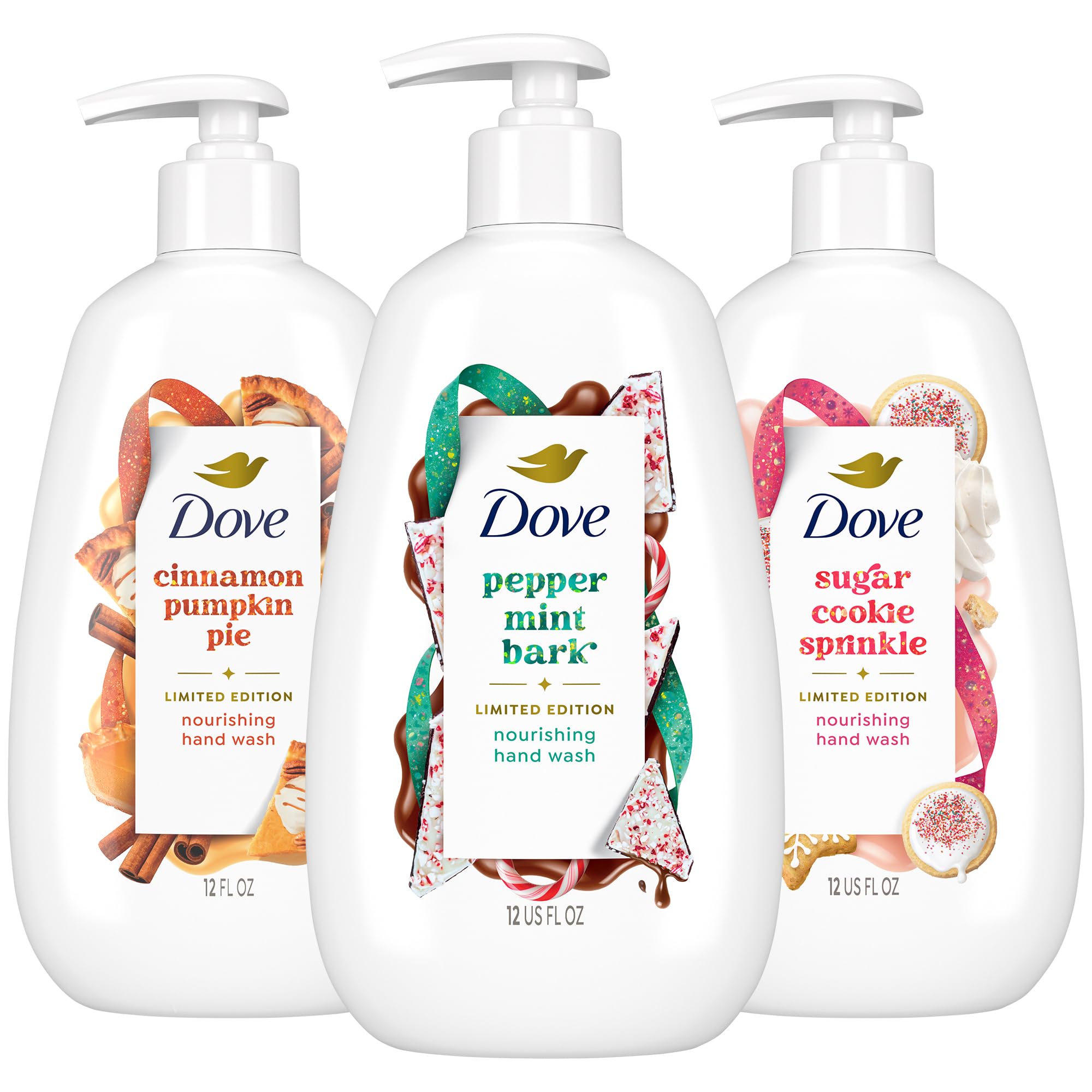 Dove Hand Soap, Holiday Treats Variety 3-Pack – Cinnamon Pumpkin Pie, Peppermint Bark & Sugar Cookie Sprinkle, Gifts for Women, 12 Fl Oz Ea