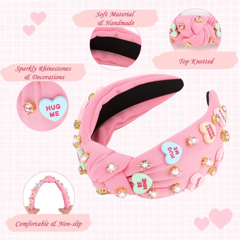 YARIEW Valentines Day Headbands for Women Love Sweet Heart Headband Pink Rhinestone Knotted Headband for Women Valentine Day Decorations Fashion Headband Hair Accessories