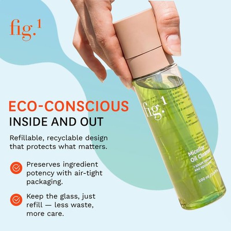 Fig.1 Micellar Oil Cleanser for Face - Makeup Remover Cleansing oil, Facial Cleanser - Squalane & Grapeseed Oil Formula, Cleanse without Clogging Pores, Acne-Prone Facial Skincare, Refillable 3.4 Oz
