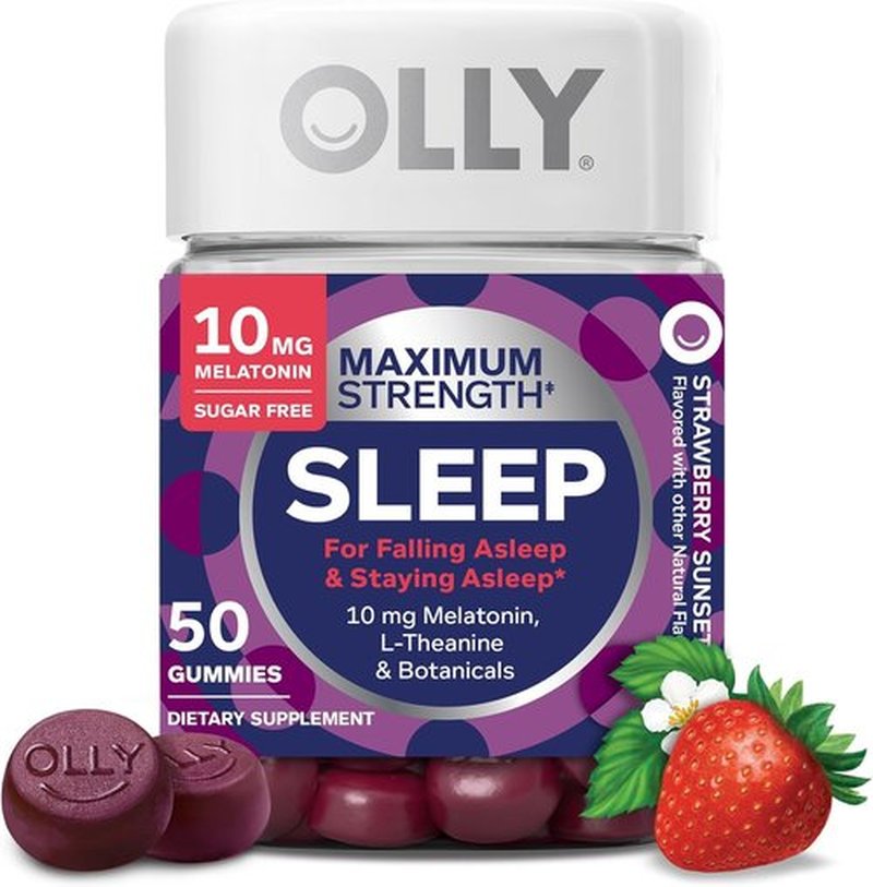 OLLY Max Strength Sleep Gummies - 10mg Melatonin & L-Theanine, Sugar-Free, Vegetarian, Strawberry - 50 Count