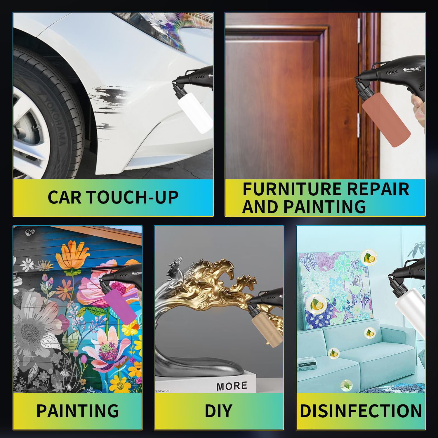 Lionbow Electric Paint Sprayer Gun Handheld Electric Paint Spray Gun High Power Portable Cordless Spray Paint Gun for Painting Cars,Cabinet, Paint Repair and DIY(3 Gear)