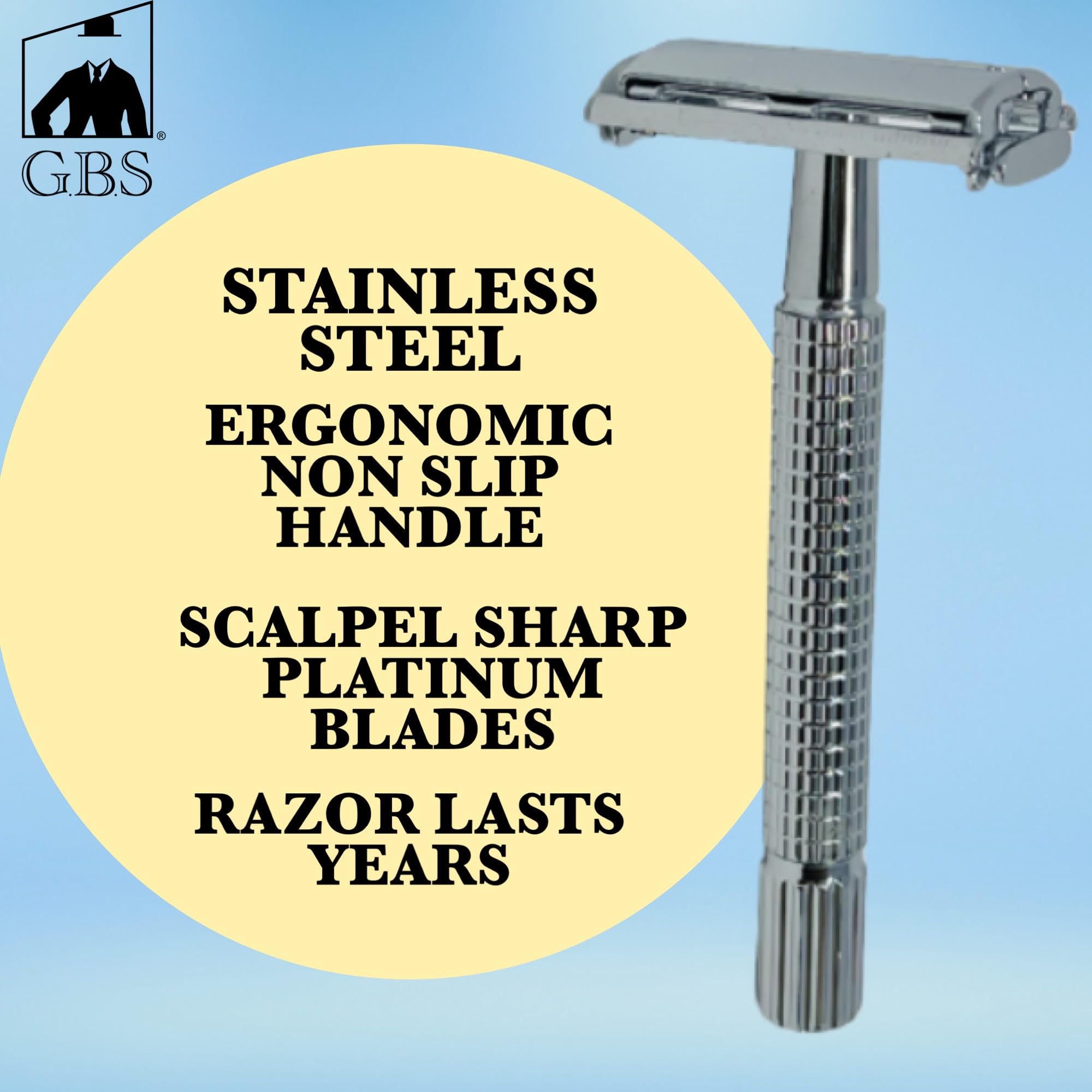 G.B.S Travel Shaving Kit- Steel Razor and Brush Stand, Chrome Double Edge Safety Razor + Leather Head Sleeve, Shave Brush + Travel Tube, Sandalwood Shaving Cream and Men's Toiletry Bag with Handles