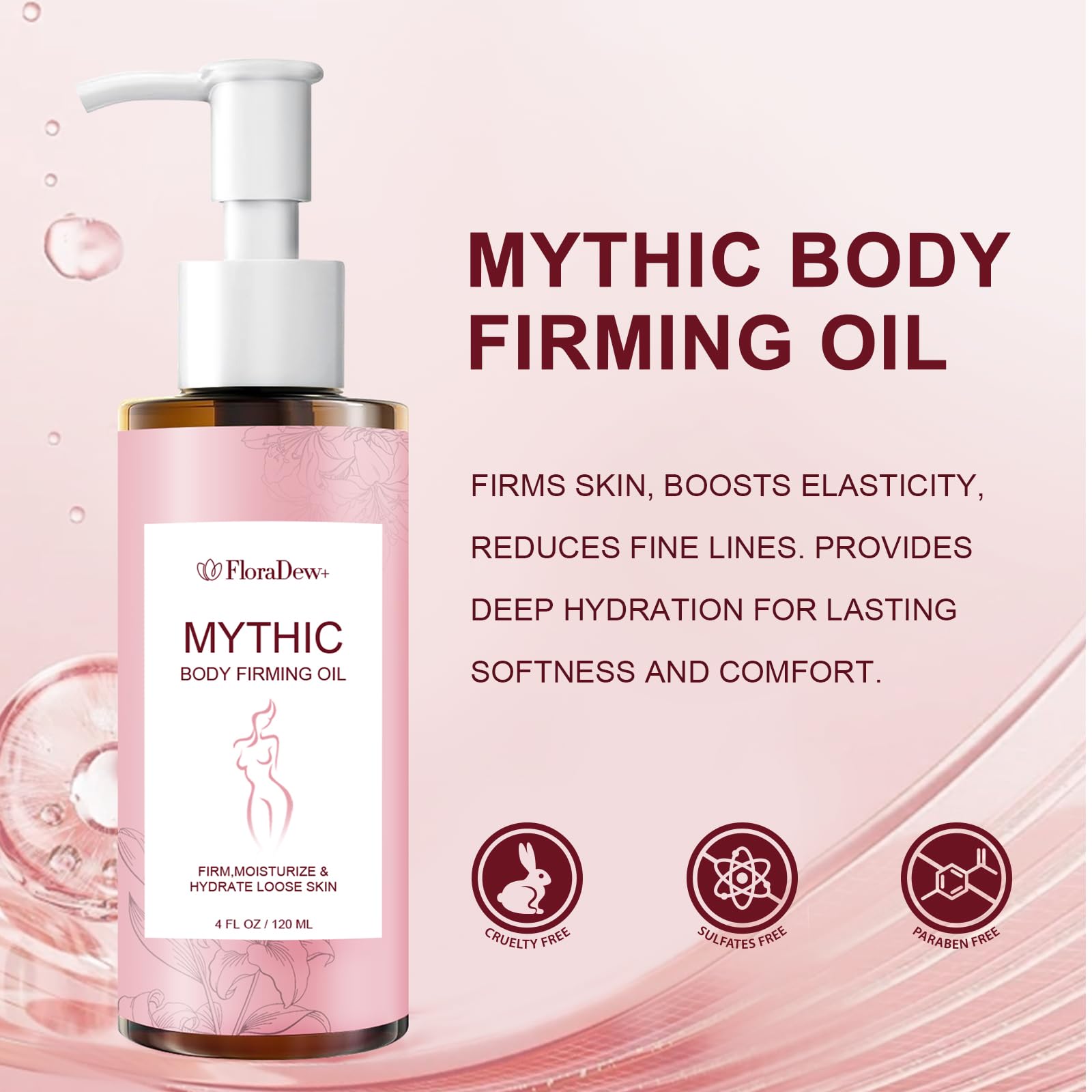 FloraDew+ Mythic Body Firming Oil Skin Tightening Body Oil After Shower for Women Tighten, Hydrate & Nourish Dry Skin 4 FL OZ