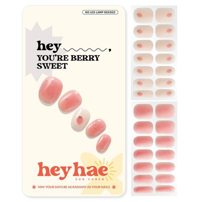 Heyhae Semi Cured Gel Nail Strips | No LED Lamp Needed | Glitter, Pink, Spring | Easy Apply & Remove, Salon Quality |Includes 28 Strips, 1 Prep Pads, Nail File & Wooden stick - Hey, You're Berry Sweet