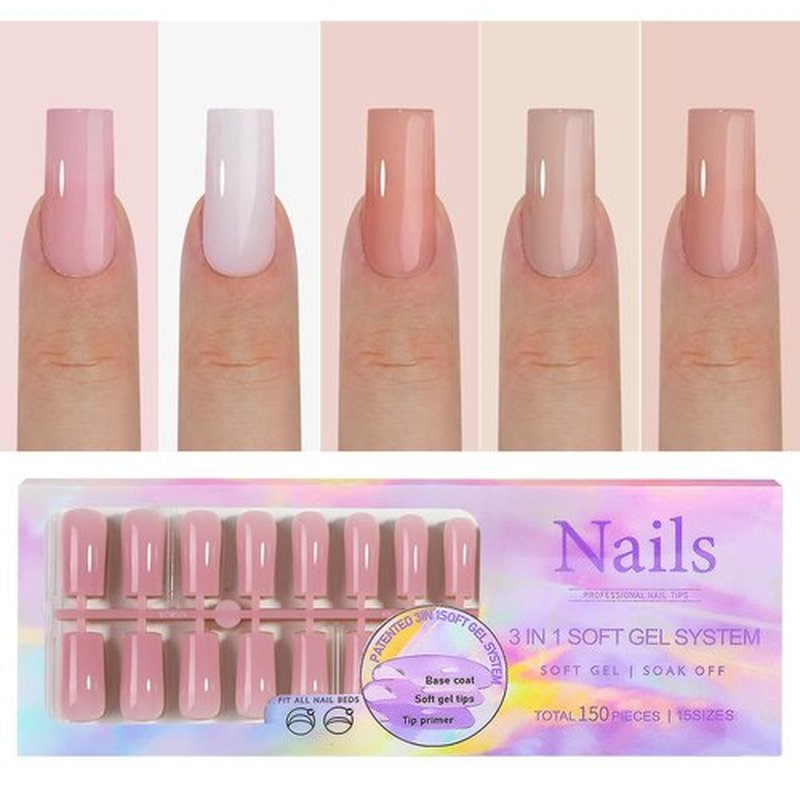150Pcs Skin Tones Nude Press on Nails Long Square Fake Nails In15 Sizes 3 IN 1 Soft Gel Nail Tips Glossy Reusable Acrylic Nails No Need to File False Nails for Women Girls Manicure
