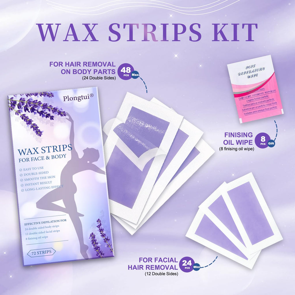 Wax Strips Hair Removal for Women: Waxing Kit with 72 Pcs Body Waxing Strips Dual Sides & 4 Calming Oil Wipe For Face, Bikini, Legs, Lip, Brazilian Wax Kit At Home, Hypoallergenic All Skin