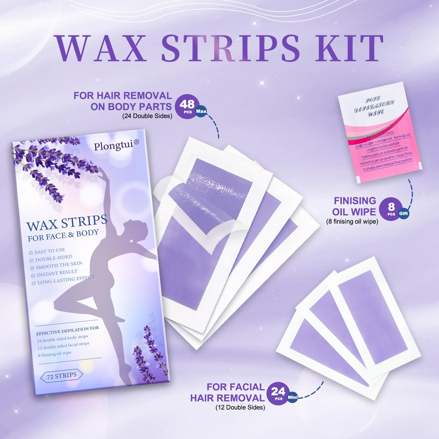 Wax Strips Hair Removal for Women: Waxing Kit with 72 Pcs Body Waxing Strips Dual Sides & 4 Calming Oil Wipe For Face, Bikini, Legs, Lip, Brazilian Wax Kit At Home, Hypoallergenic All Skin