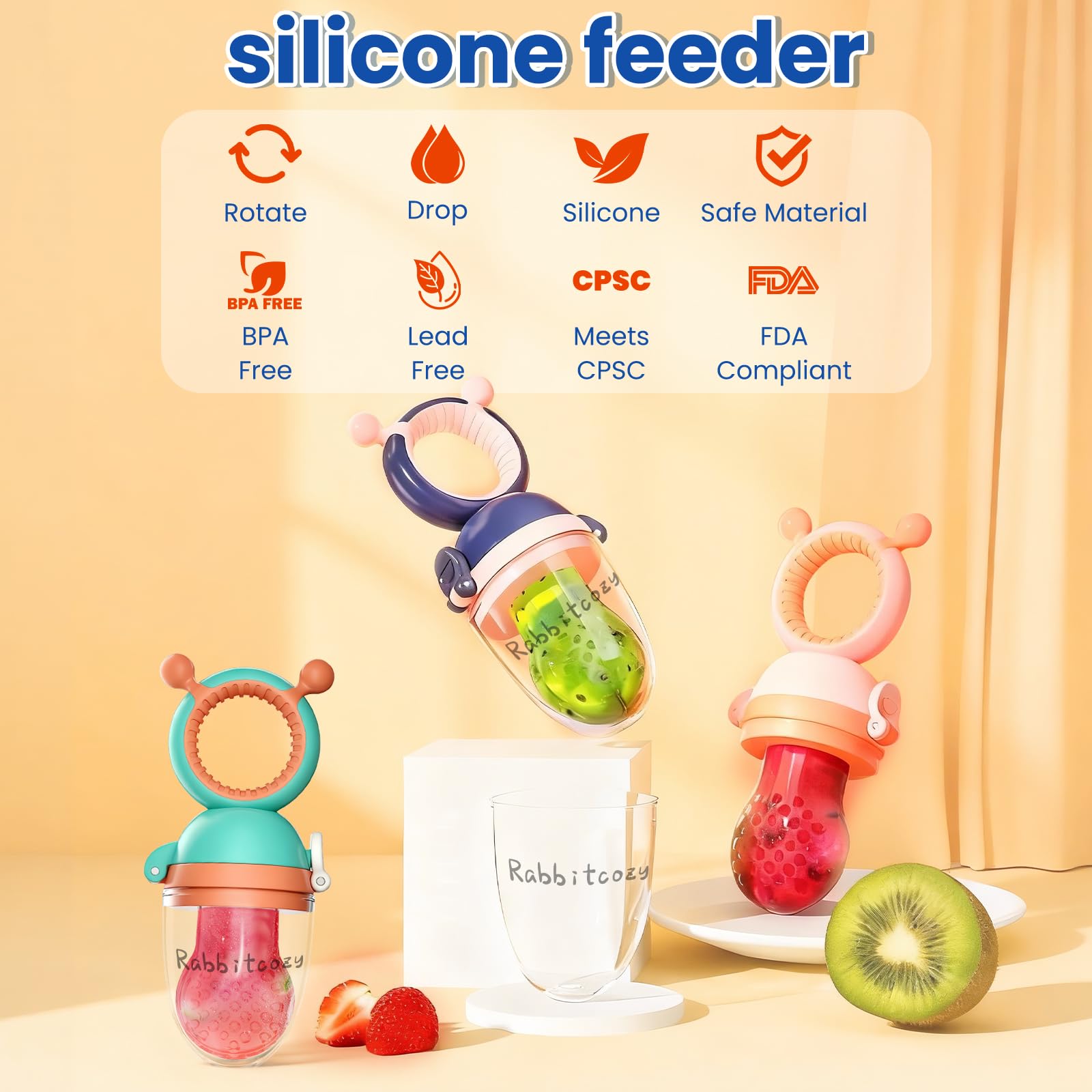 Baby Fruit Food Feeder Pacifier - Fresh Teething Pacifiers, 3 Different Size Silicone Pouch,Teethers for Babies 6-24Months, Baby Solid Food Essentials, Nutrition Feeder, BPA Free,1 Pice, Orange
