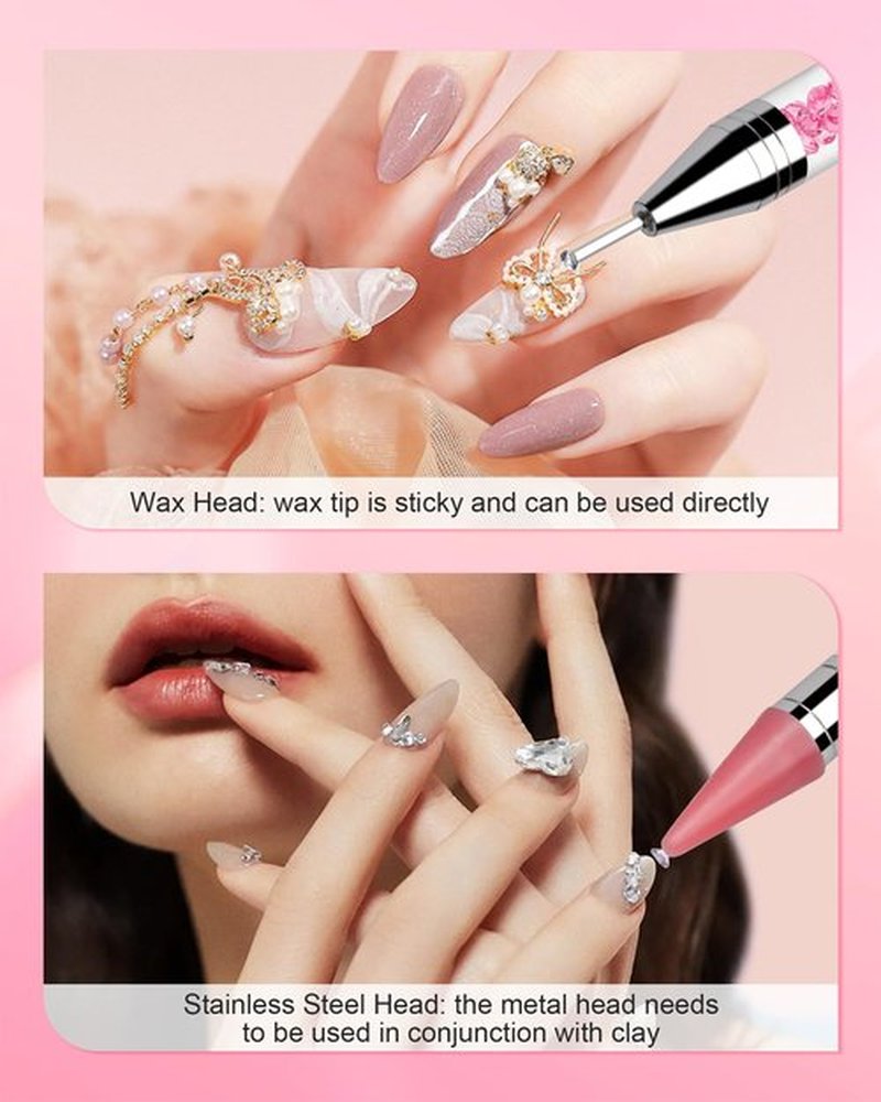 Rhinestone Picker Tool, 2 Rhinestone Applicator Tool Wax Pen Dual-Ended with 4PCS Replaceable Wax Tips and 1 Tweezer for DIY Nail Art Tool (Pink)