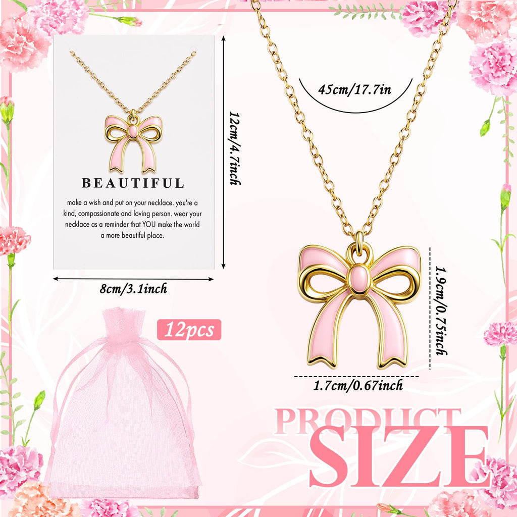 Tondiamo 12 Set Coquette Pink Bow Party Favors Bow Necklace for Women Coquette Bowknot Jewelry Bulk Ribbon Pendant Necklace Gift for Birthday Baby Shower