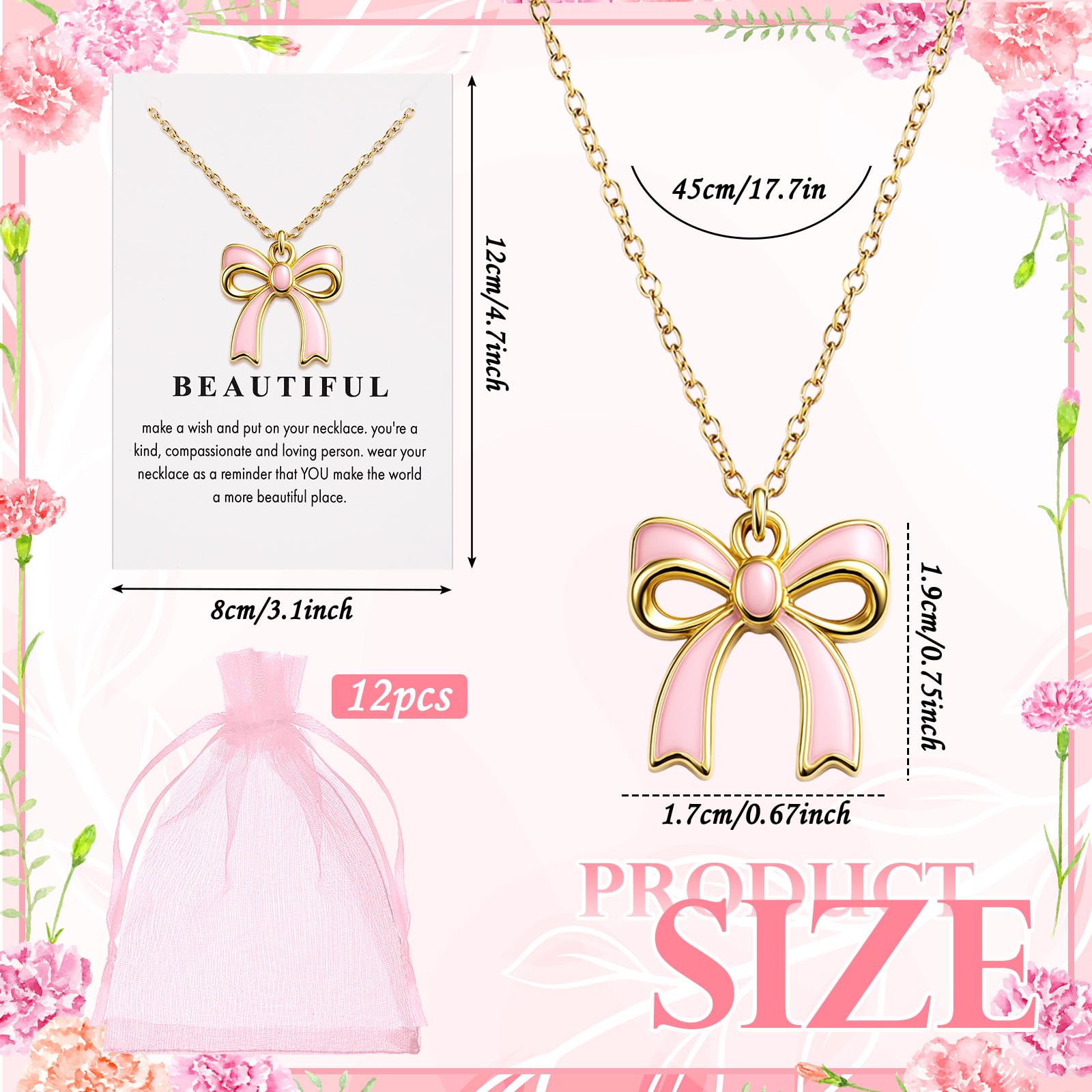 Tondiamo 12 Set Coquette Pink Bow Party Favors Bow Necklace for Women Coquette Bowknot Jewelry Bulk Ribbon Pendant Necklace Gift for Birthday Baby Shower