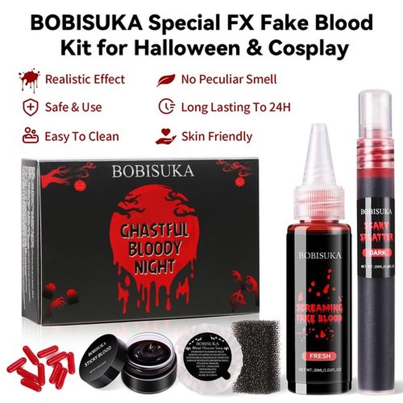 Halloween Fake Blood SFX Makeup Kit – Realistic Liquid Spray, Dripping Blood, Coagulated Gel, Capsules, Sponge & Soap – Washable Special Effects Body Paint for Vampire & Zombie Costumes