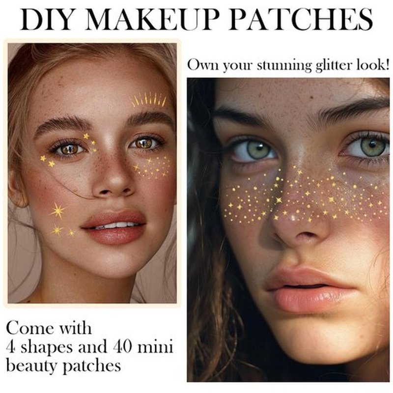 20 Pcs Gold Face Makeup Patches, Glitter Freckles Face Tattoo Gold Makeup, Glitter Freckles, Sparkle Makeup Patches, Waterproof Face Glitter Temporary Tattoos for Women and Girls
