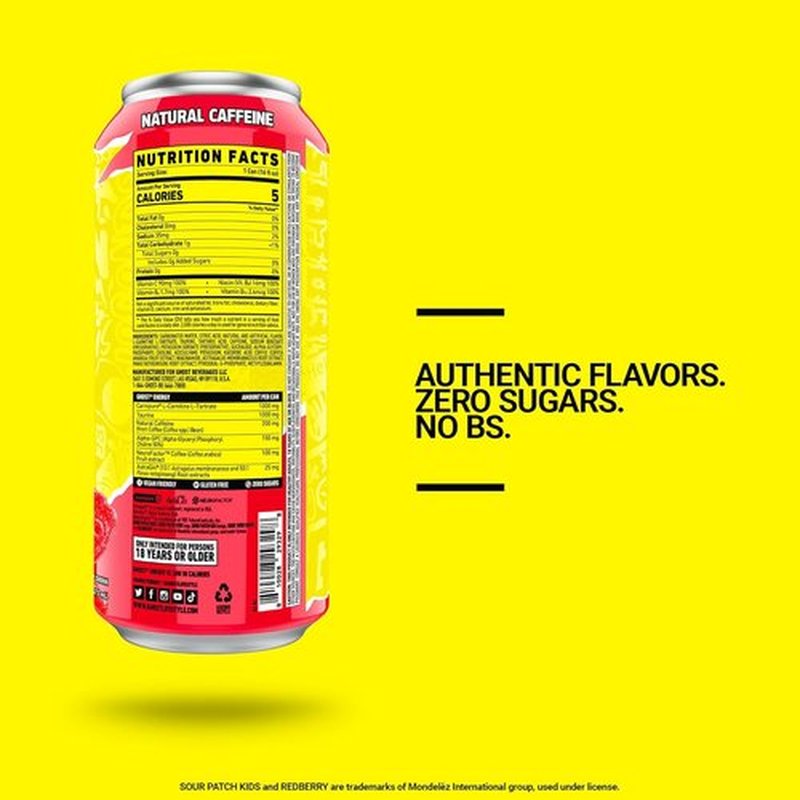 GHOST Energy Drink - Sour Patch Kids Redberry Flavor, 16oz | 12-Pack - Natural Caffeine & Vegan Friendly