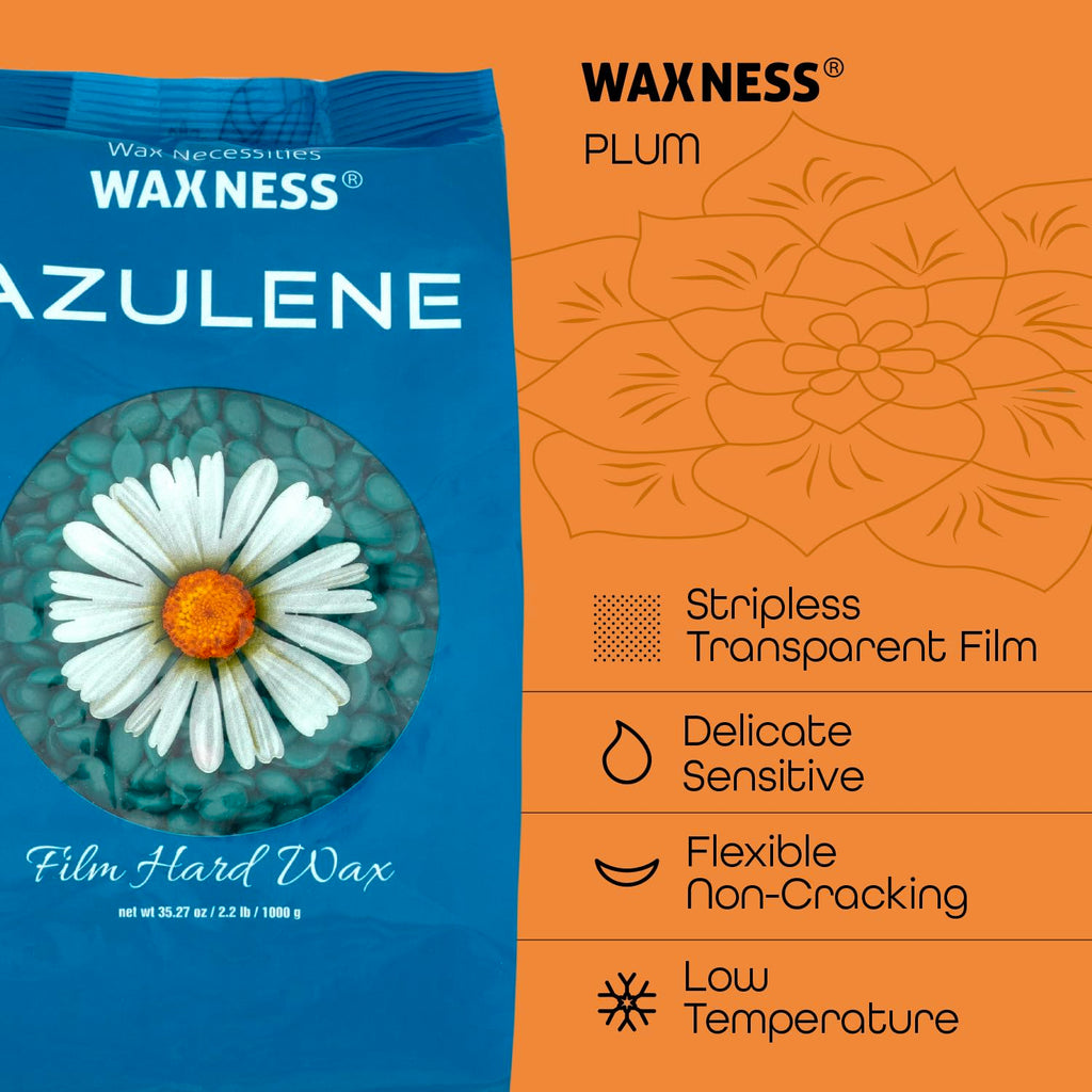 Waxness Film Hard Wax Beads Azulene 2.2 lb (1 kg) – Stripless Professional Hard Wax with Azulene for Face & Body, Smooth Application – Made in Italy